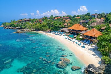 Tropical beach resort features clear waters and lush greenery in a sunny coastal paradise