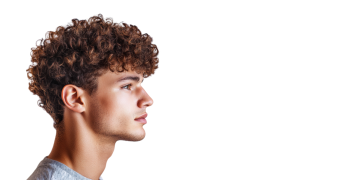 Young caucasian male with curly hair in profile view isolated on transparent background