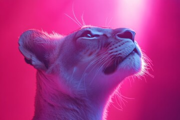 Majestic lioness gazes upward in vibrant pink and purple lighting