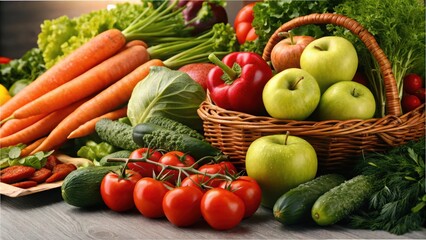 A Bountiful Harvest of Fresh Produce Vibrant Carrots, Crisp Cucumbers, Juicy Tomatoes, and Sweet Apples in a Rustic Basket