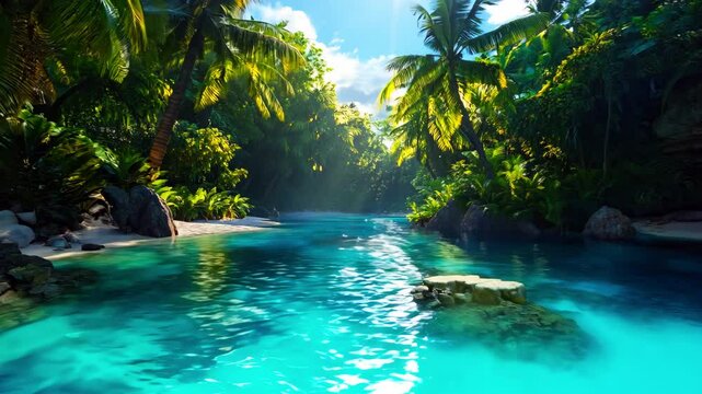 Tropical Paradise with Crystal-Clear River and Lush Greenery - made with Generative AI