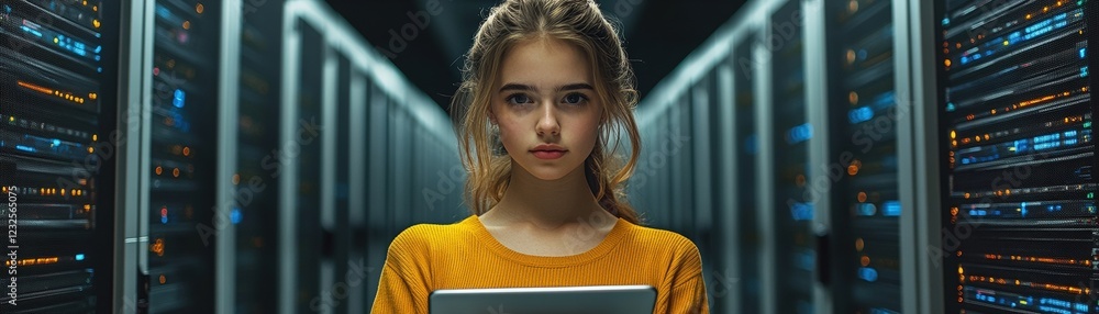 Aufkleber woman in a server room examining data on a tablet while surrounded by server racks and technology eq