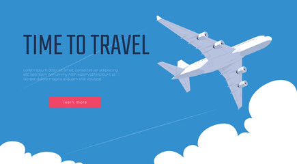 Banner with airplane time to travel. Airplane on the background of the sky. Fast and convenient long-distance travel. Vacation with the border. Vector illustration
