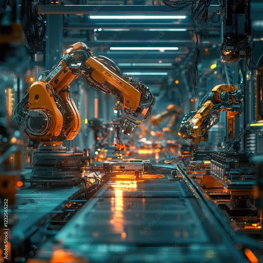 Poster a futuristic factory scene featuring robotic arms working on a conveyor belt in a high-tech environm