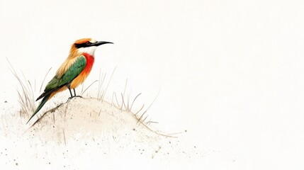 Obraz premium Colorful bird perched on mound, grassland background; nature illustration