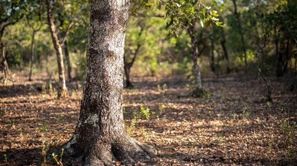 Fototapeta premium Tree Trunk in Lush Green Forest with Sunlight on Ground Below