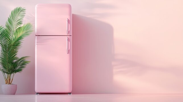 Vibrant pink refrigerator complements lush potted palm tree in a stylish interior setting