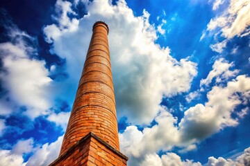High-resolution vertical image:  A towering brick chimney against a dramatic cloudy sky, highlighting detailed brickwork and industrial architecture.