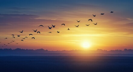 Flock of birds flying at sunset over tranquil landscape