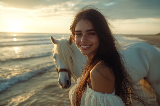 Smiling young woman enjoys a peaceful moment with her white horse by the ocean at sunset