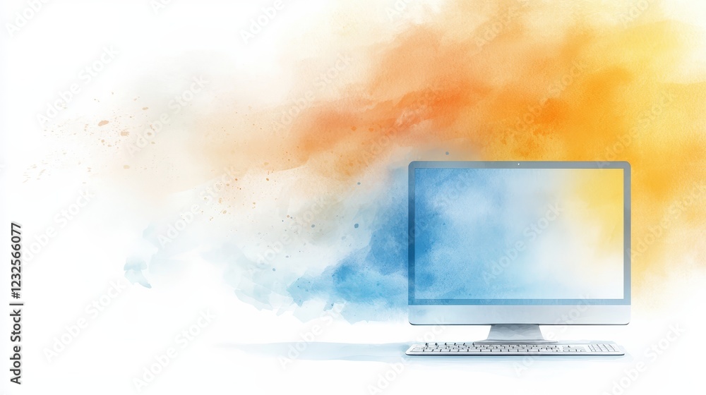 Aufkleber vibrant and modern workspace setup, a computer on desk with colorful background