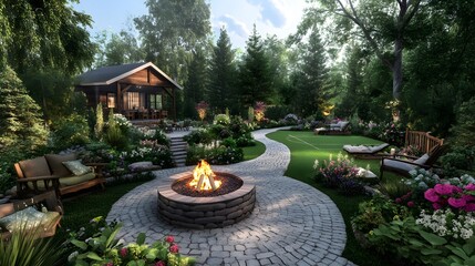 A beautifully designed backyard garden with lush greenery, winding paths leading to an outdoor fire pit 
