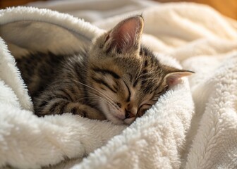 Obraz premium Adorable sleeping kitten, close-up in a warm home.