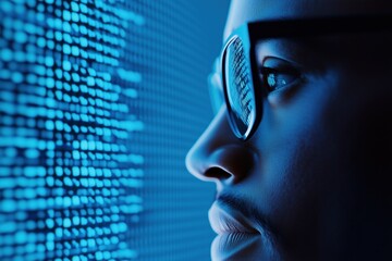 A cybersecurity expert examines glowing data reflected in sunglasses against a neon blue matrix backdrop. The atmosphere blends high-tech aesthetics with a focus on digital security and hacking.