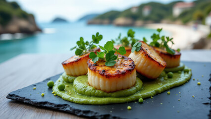 A plate with cooked scallops on a bed of green sauce topped with garnish, set against a scenic backdrop.