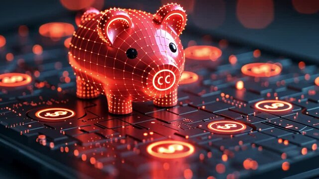 Digital piggy bank represents modern finance and saving strategies in a futuristic environment