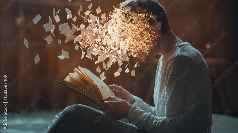 Poster Man Reading Book with Head Disintegrating into Pages and Light