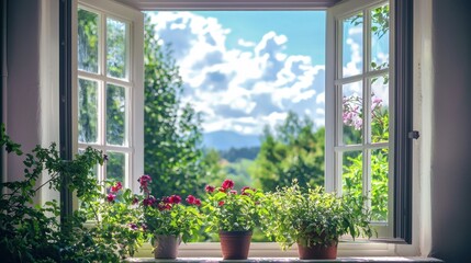 Vibrant Garden View Through Open Window with Colorful Flowers