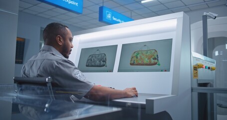 African American Security Officer Controls Luggage Screening on Computer Monitors Using Modern...