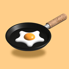 A 3D vector illustration of a single fried egg, shaped like a star, cooking in a dark pan with a light wooden handle. The scene is set against a pale orange background.
