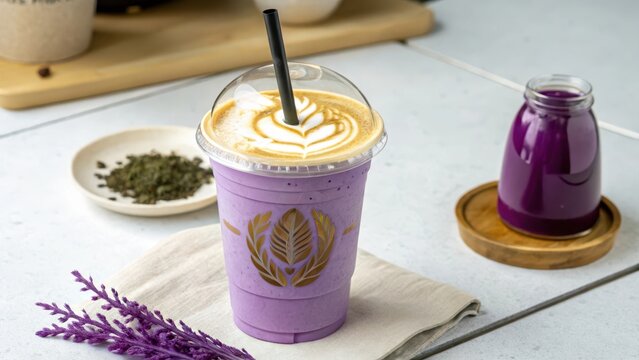 A refreshing purple latte with latte art, served in a disposable cup with a straw, alongside dried tea leaves and a bottle of purple beverage.