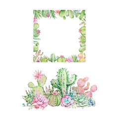 Watercolor cactus and succulent frame set, tropical plants