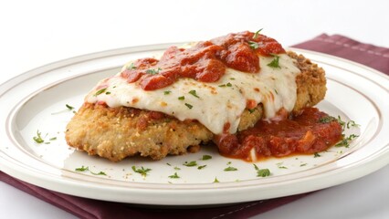 A Delicious Breaded Chicken Breast Topped with Melted Cheese and Marinara Sauce on a White Plate