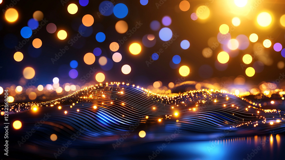 Poster a captivating visual of colorful lights creating an abstract wave pattern, symbolizing digital techn