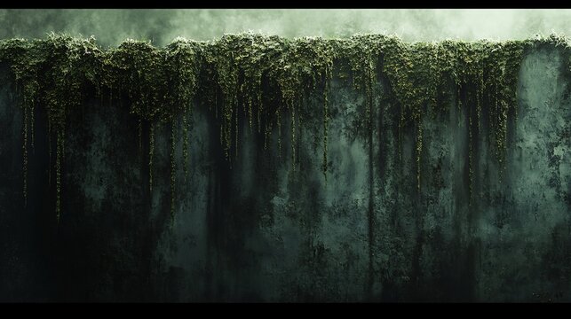 Dark Moody Wall Covered in Hanging Moss Deep Green Hues. AI Generated
