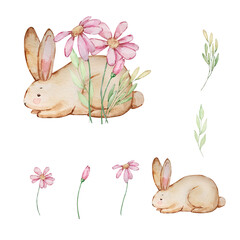 Watercolor Easter Rabbit with spring flowers