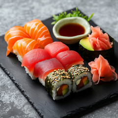 A plate of sushi with fresh salmon, tuna