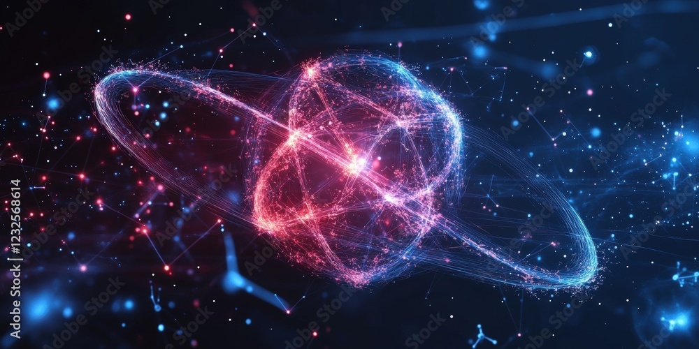 Poster large colorful glowing object with intricate lines and dots on a dark background