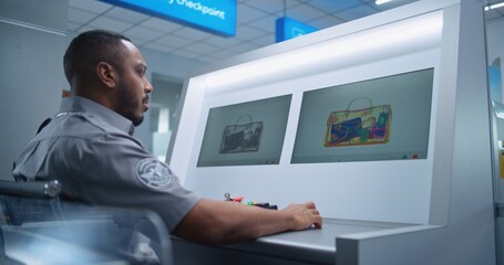 African American Security Officer Controls Luggage Screening on Computer Monitors Using Modern Program. Advanced X-ray Scan on Conveyor Belt at Airport Security Checkpoint for Plane Flight. Dolly Shot