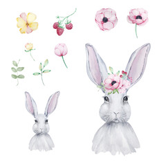 Watercolor Easter white Rabbit with spring flowers