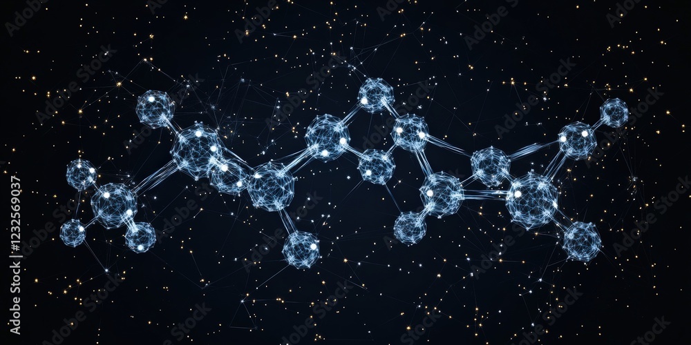 Poster abstract representation of interconnected molecules on a dark background with a scientific theme