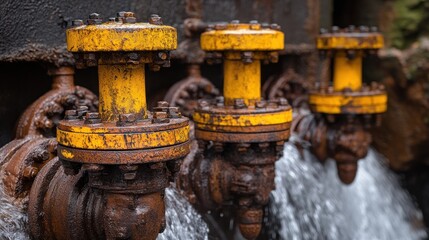 Fototapeta premium Rusty valves leaking water, industrial plant, close-up