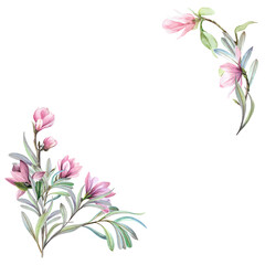 Corner frame in pastel colors. Of green leaves, pink flowers and twigs. Hand-drawn with watercolors. For creating cards, wedding invitations and congratulations.