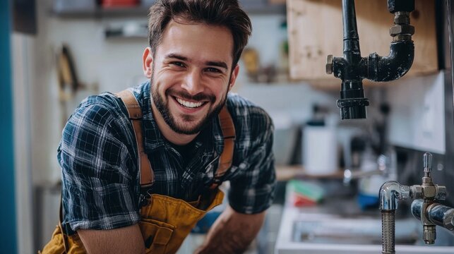 Smiling Plumber in Yellow Overalls Standing in Workshop Environment