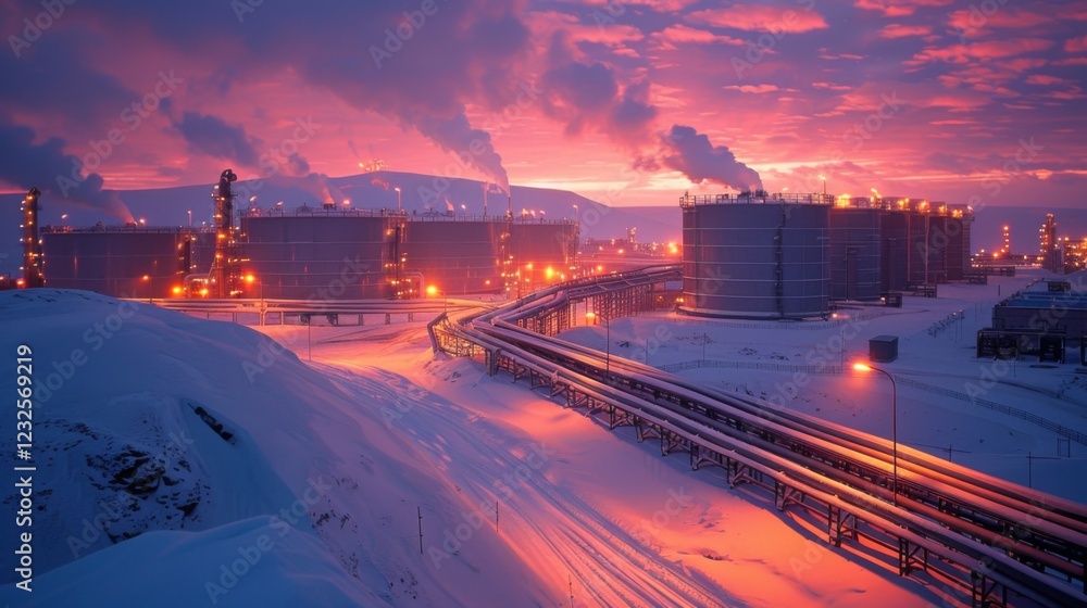 Poster a stunning view of industrial storage tanks illuminated by warm lights against a colorful sunset sky