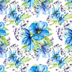 Seamless floral pattern with poppies, small flowers and green leaves. Blue. Watercolor.