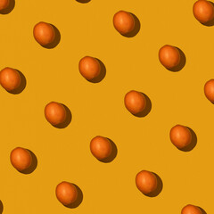 Fresh juicy whole orange on yellow background. Fruit pattern, summer concept. Flat lay Top view. Background with citrus fruits