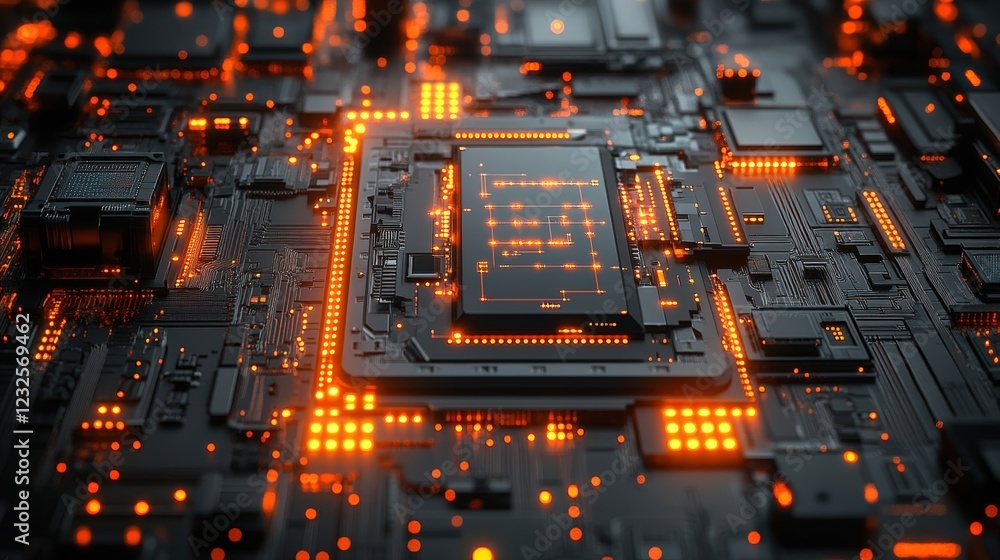 Poster close up of a computer motherboard with integrated circuits and components detailed view