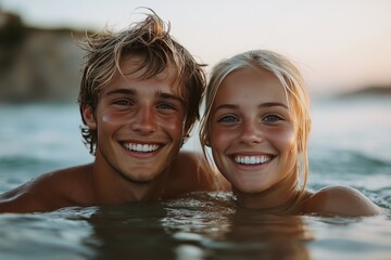Obraz premium Happy young couple enjoying a summer evening in the ocean water while laughing and creating memories together