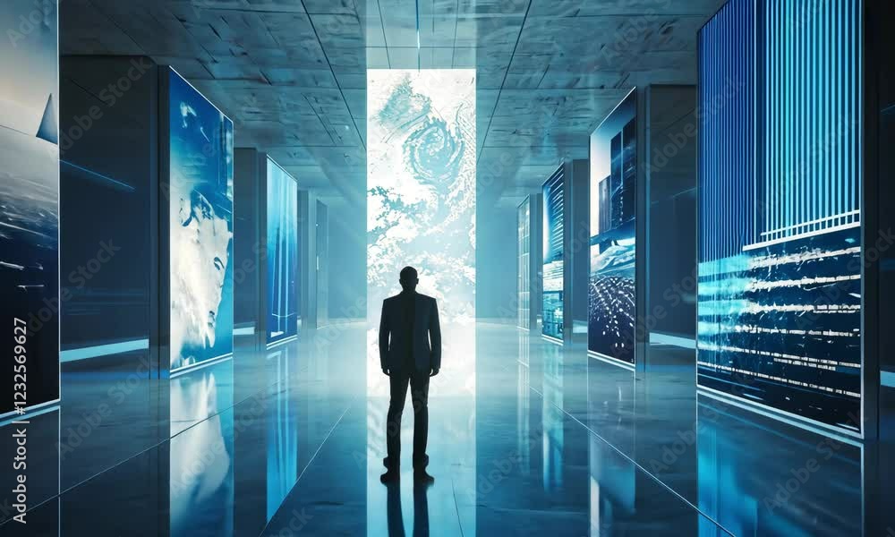 Poster exploring a futuristic digital corridor with glowing displays and a mysterious portal