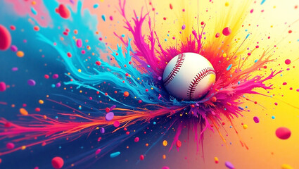 Baseball with abstract paint splash effect explosive colors, and white  background, sports art. Generative Ai