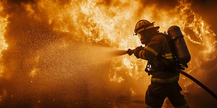 Firefighter bravery, action firefighting, heroic firefighter, intense fire scene, firefighter in action, fire rescue operation, brave