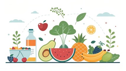 A Vibrant Collection of Fresh Fruits and Vegetables, Promoting Healthy Eating Habits and a Balanced Diet