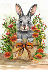 Happy Easter greetings of cute bunny in flowers and grass. Watercolor illustration for card design.