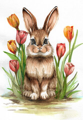 Watercolor illustration with cute Easter bunny, pink and yellow flowers. For creating a postcard, greeting, holiday.
