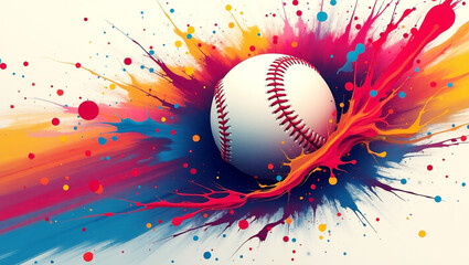 Baseball with abstract paint splash effect explosive colors, and white  background, sports art. Generative Ai